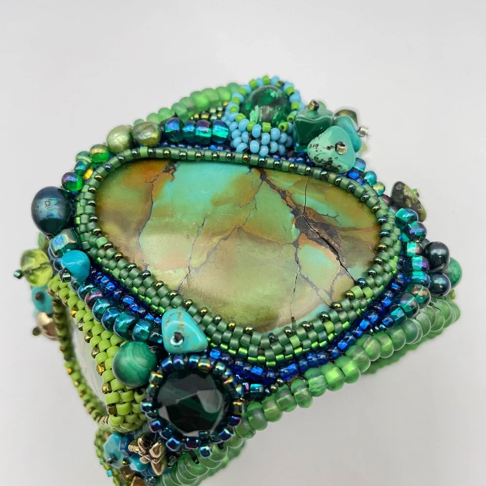 LARGE‎ Beaded Turquoise Boho Cuff Bracelet Adjustable Statement Chunky Bracelet